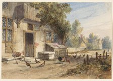 Farmyard with chickens on a country road, 1851. Creator: Newton Smith Limbird Fielding.