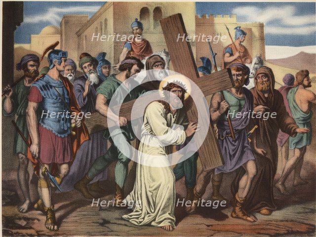 Via Crucis. Fifth station. Simon of Cyrene helps Jesus to carry the cross. Drawing by Pascual. Ba…