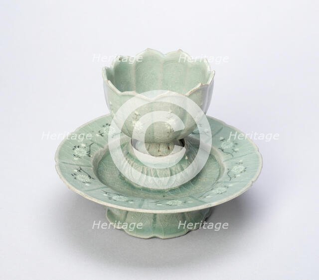 Lobed Cup and Stand with Chrysanthemum Flower Heads, Floral Sprays, and Fish Amid..., 12th/13th cent Creator: Unknown.