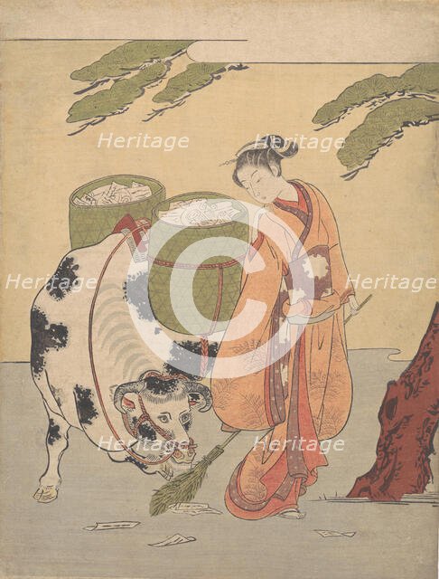 A Woman Sweeping up Her Love Letters, 1725-1770., 1725-1770. Creator: Suzuki Harunobu.