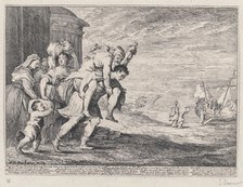 Aeneas fleeing Troy, with a group of six figures leaving the city at left, Aeneas carrying..., 1728. Creator: Anton Joseph von Prenner.