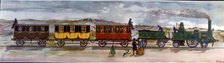 Coloured drawing of the train between Barcelona and Mataró, the first train to circulate in Spain…