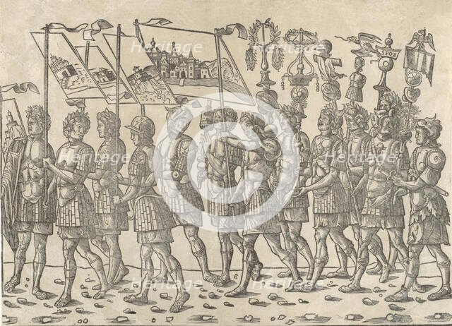 Figures carrying standards and trophies: from 'The Triumph of Caesar', 1504., Creator: Jacob von Strassburg.
