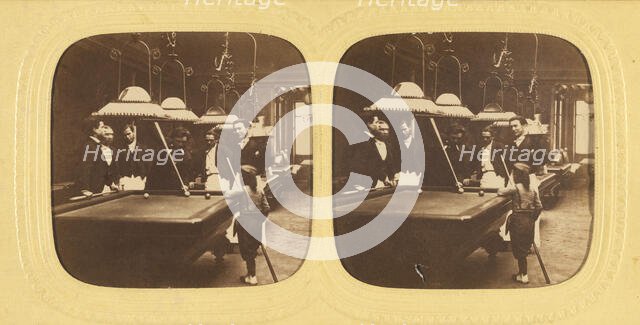 Men playing billards, one little boy holding a cue stick, about 1868. Creator: E Lamy.