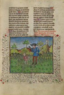 A Hunter and a Young Boy; Livre de la Chasse, about 1430-1440. Creator: Unknown.