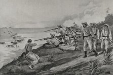 Spanish-American War: Spanish soldiers attacking US troops landing on the coast of Cuba, 1898.  Creator: Enrique Laporta Valor.