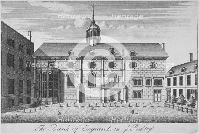 View of Grocers' Hall at time it housed Bank of England, City of London, 1730. Artist: Anon