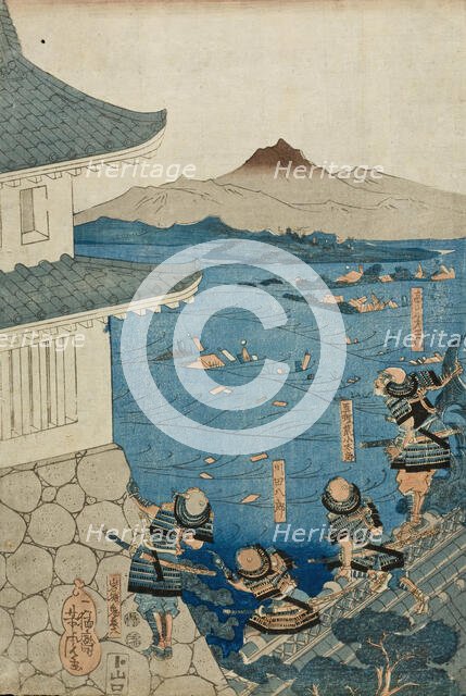 Yasuhiro Surveying his Army being Washed Away (image 2 of 3), c1850. Creator: Utagawa Yoshitora.