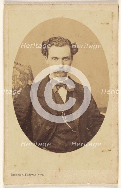 Unidentified man with handlebar moustache, printed in quasi-oval style, 1862-1868. Creator: Bayard & Bertall.