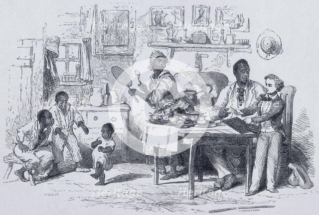 Mas'r George teaching Uncle Tom to write, 1852. Creator: J Johnston.