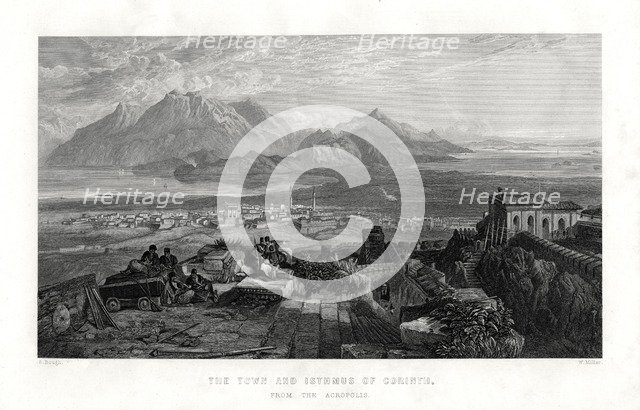 The town and isthmus of Corinth from the Acropolis, Greece, 1887. Artist: W Miller