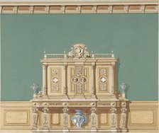 Interior Design with a Large Renaissance Style Cabinet against a Green Wall, late 19th cent (?). Creator: Anon.