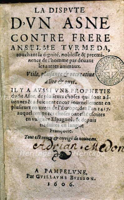 Cover of 'La Dispute d'un Asne contre frere Anselme Turmeda', printed edition in Pamplona (Navarr…