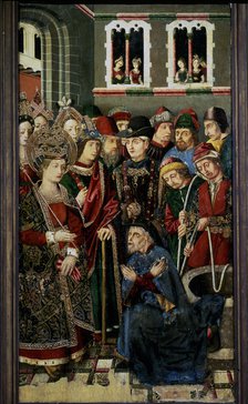 Altarpiece of the Holy Cross, scene of the interrogation to a Jew, tempera painting by Martin Ber…