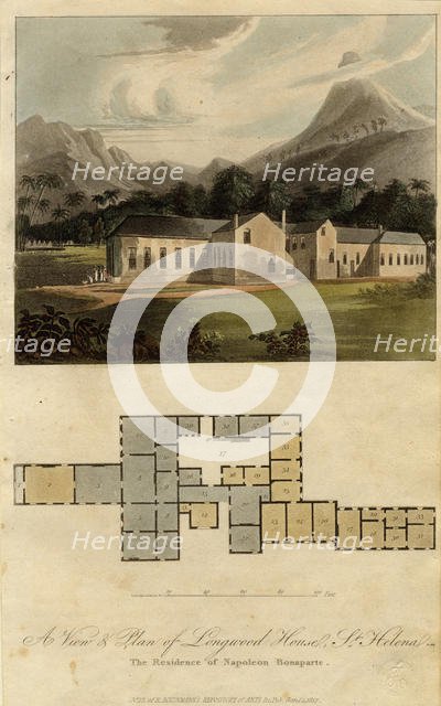 View and Plan of Longwood House, St. Helena: the Residence of Napoleon Bonaparte, 1817. Artist: Ackermann, Rudolph (1764-1834)