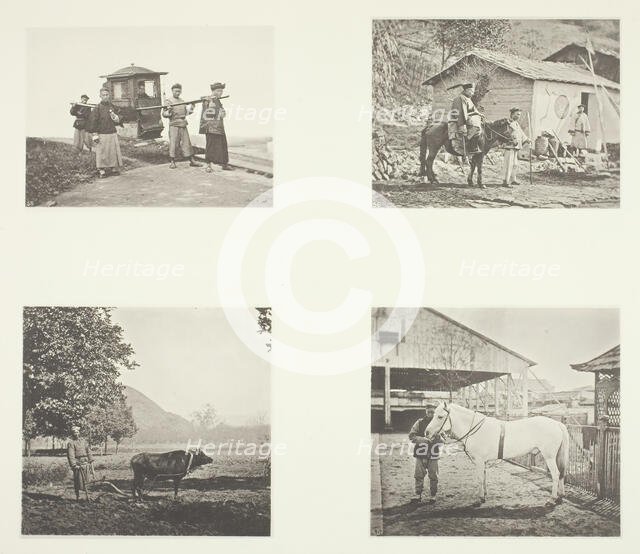 The Sedan; A Military Officer; The Plough; A North China Pony, c. 1868. Creator: John Thomson.