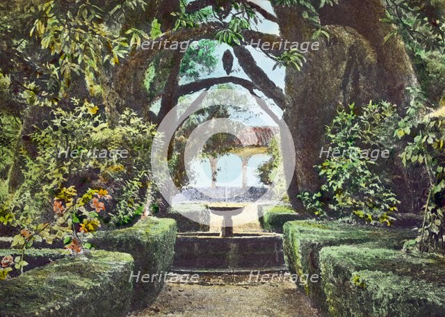 Reproduction of illustration showing a garden fountain, between 1915 and 1925. Creator: Frances Benjamin Johnston.