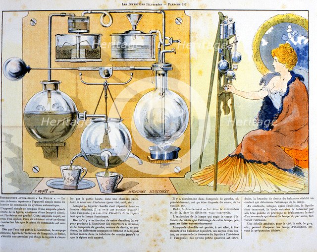 Coffee or tea making machine heated by a small spirit lamp, 1900. Artist: Unknown