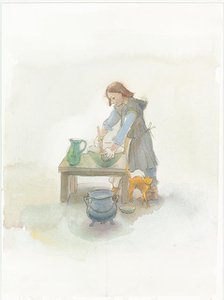 A medieval cook preparing food, 2004. Creator: Judith Dobie.