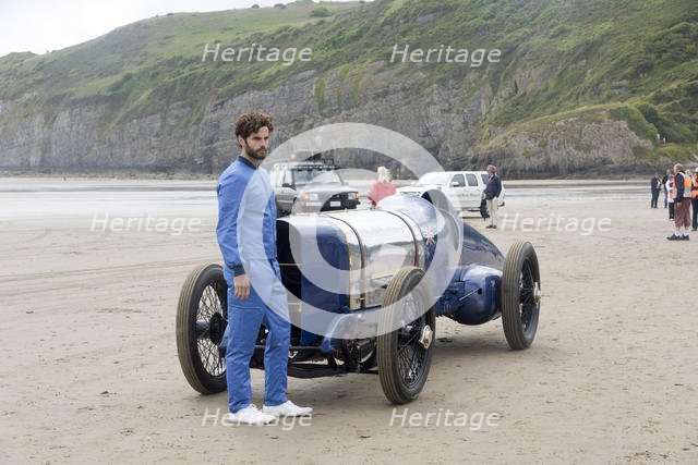 1925 Sunbeam 350 hp at Pendine Sands 2015 with model in costume. Creator: Unknown.