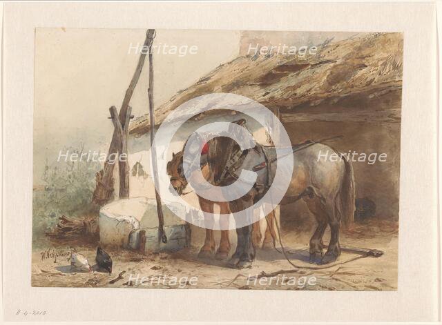 Two horses standing in front of a stable, 1851-1921. Creator: Wouter Verschuur.