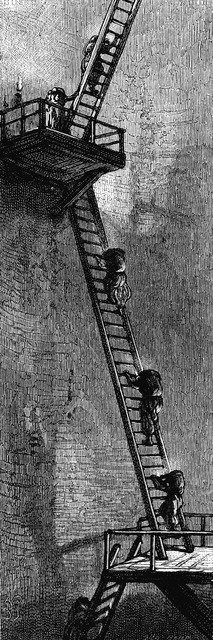 Women climbing ladders to carry coal up a mineshaft, Scotland, early 19th century. Artist: Unknown