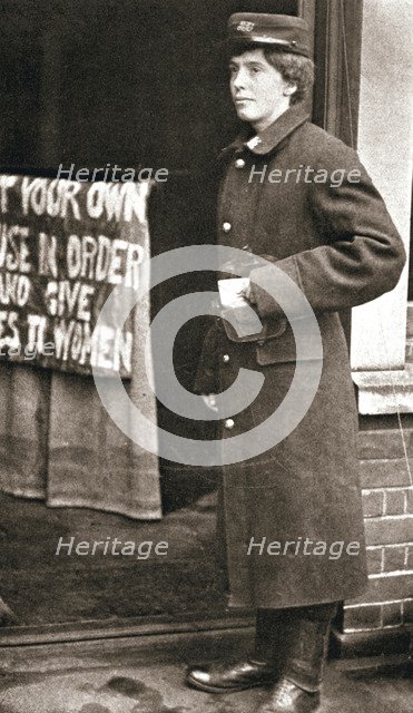Jessie Kenney, British suffragette, dressed as a telegraph boy, 10 December 1909. Artist: Unknown