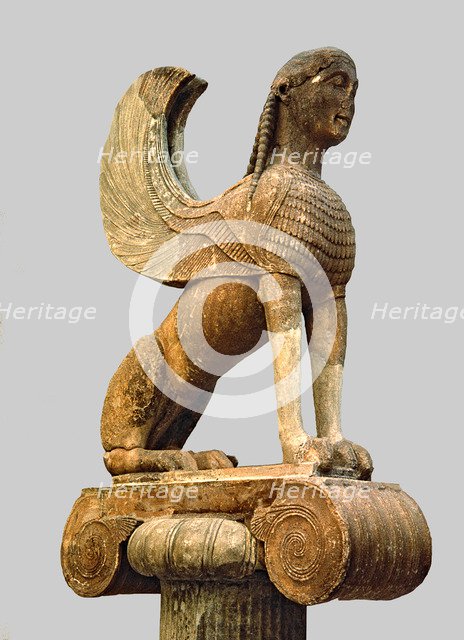 Sphinx of Naxos resting on an Ionic capital, from Delphi.