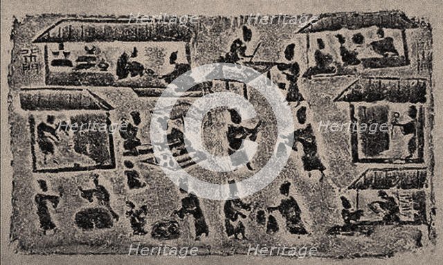 The rubbing from the Brick Relief with many kinds of merchants, 25-220. Creator: Central Asian Art.