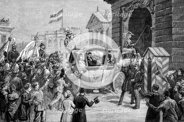 The Royal Marriage at Berlin: arrival of the newly married pair at the Grand Schloss, Potsdam, 1881. Creator: Unknown.