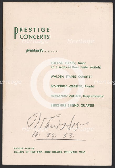 Programme from a concert featuring Roland Hayes, 1953. Creator: Unknown.
