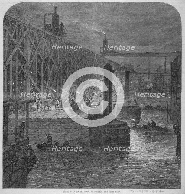 Demolition work being carried out on Blackfriars Bridge from the Surrey shore, London, 1864. Artist: Anon