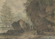 Large rock formation by a puddle. which depicts several standing and seated figures. Creator: Allart van Everdingen.