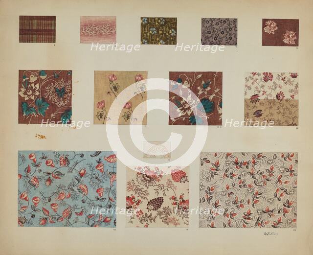 Textiles in Patchwork Quilt, c. 1937. Creator: Charlotte Winter.