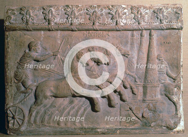 Roman terracotta panel showing a racing chariot. Artist: Unknown