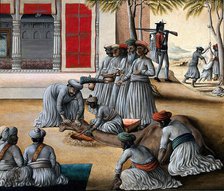 Indian men slaughtering a camel; a sheep being skinned in the background. Creator: Unknown.