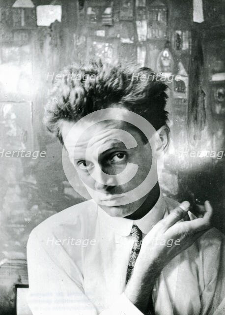 Egon Schiele in front of the painting "Waldandacht" (Forest prayers), 1915.