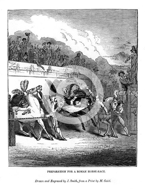 Preparation for a Roman horse race, 1843. Artist: J Jackson