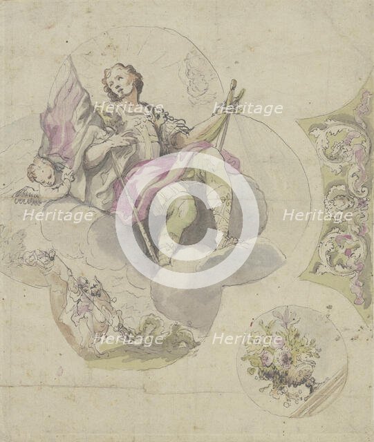 Saint George with sword and banner, enthroned on clouds. Creator: Unknown.