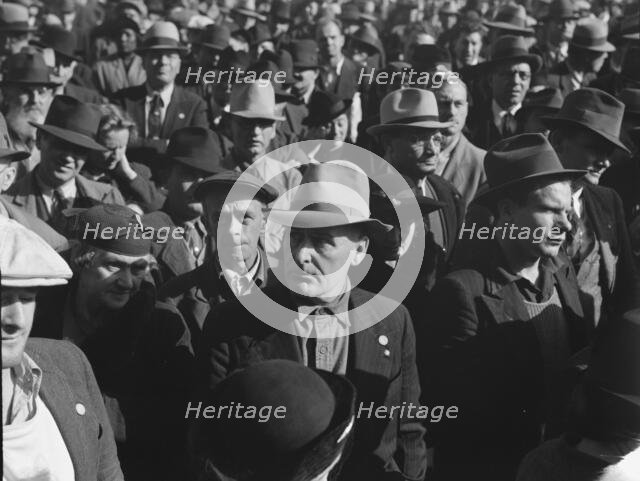 Listening to speeches at mass meeting of WPA workers..., San Francisco, California, 1939. Creator: Dorothea Lange.