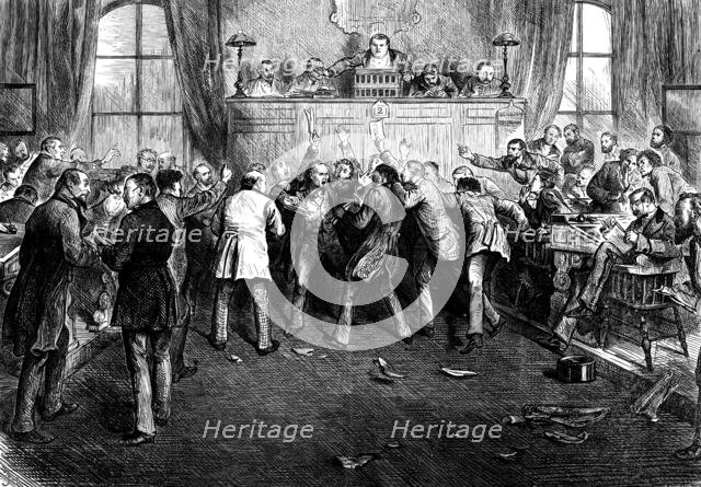 The Money Market Panic in America: scene at the Stock Exchange, San Francisco, 1873. Creator: Joseph Swain.