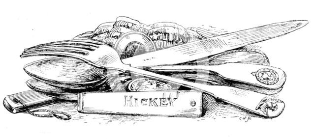 The Franklin Celebration: Franklin relics - cook's knife and its handle, spoons and fork, 1895. Creator: Carl Hentschel.