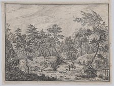 Forest landscape with a rider conversing with a man at center, a footbridge at right, 1716. Creator: Peter von Bemmel.