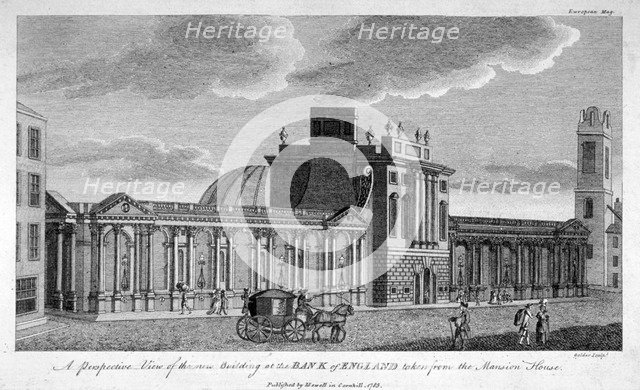 View of the new building at the Bank of England, City of London, 1785. Artist: John Goldar