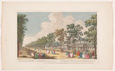 View of an avenue in Vauxhall Gardens in London, seen from the entrance, 1751. Creator: Edward Rooker.