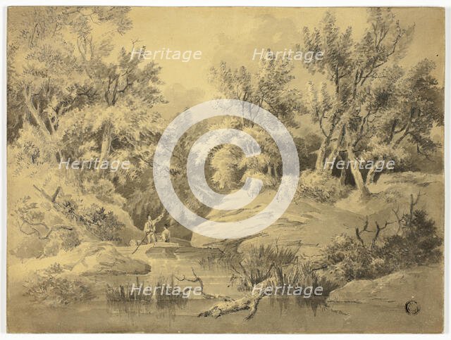 Two Figures Punting on Woodland Stream, n.d. Creator: William Henry Pyne.