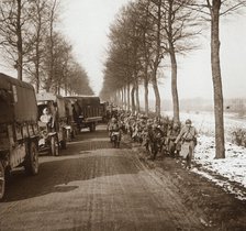 Column of trucks and troops, Somme-Tourbe, northern France, c1914-c1918. Artist: Unknown.