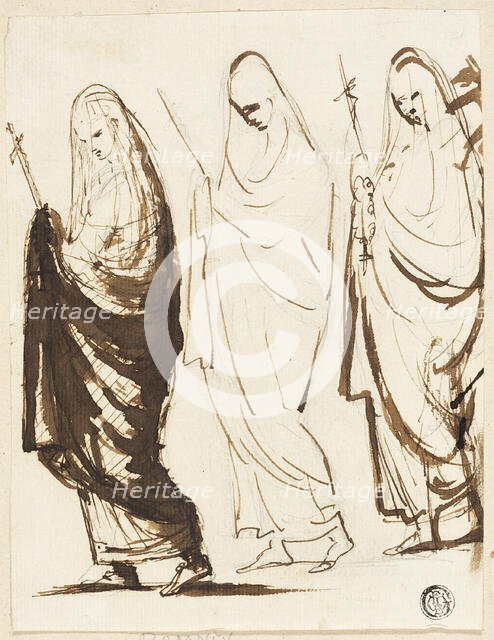 Procession of Three Draped Women Holding Crosses or Sceptres, 1754/1802. Creator: George Romney.