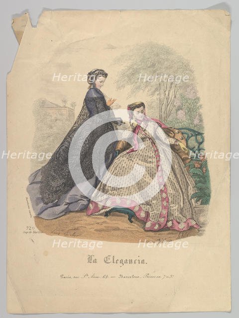 Two Women Outdoors, No. 720, from La Elegancia (Barcelona), 19th century. Creator: Heloise Leloir.