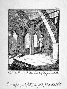 View in the undercroft of the Church of St Etheldreda, Ely Place, Holborn, London, 1786.    Artist: John Carter